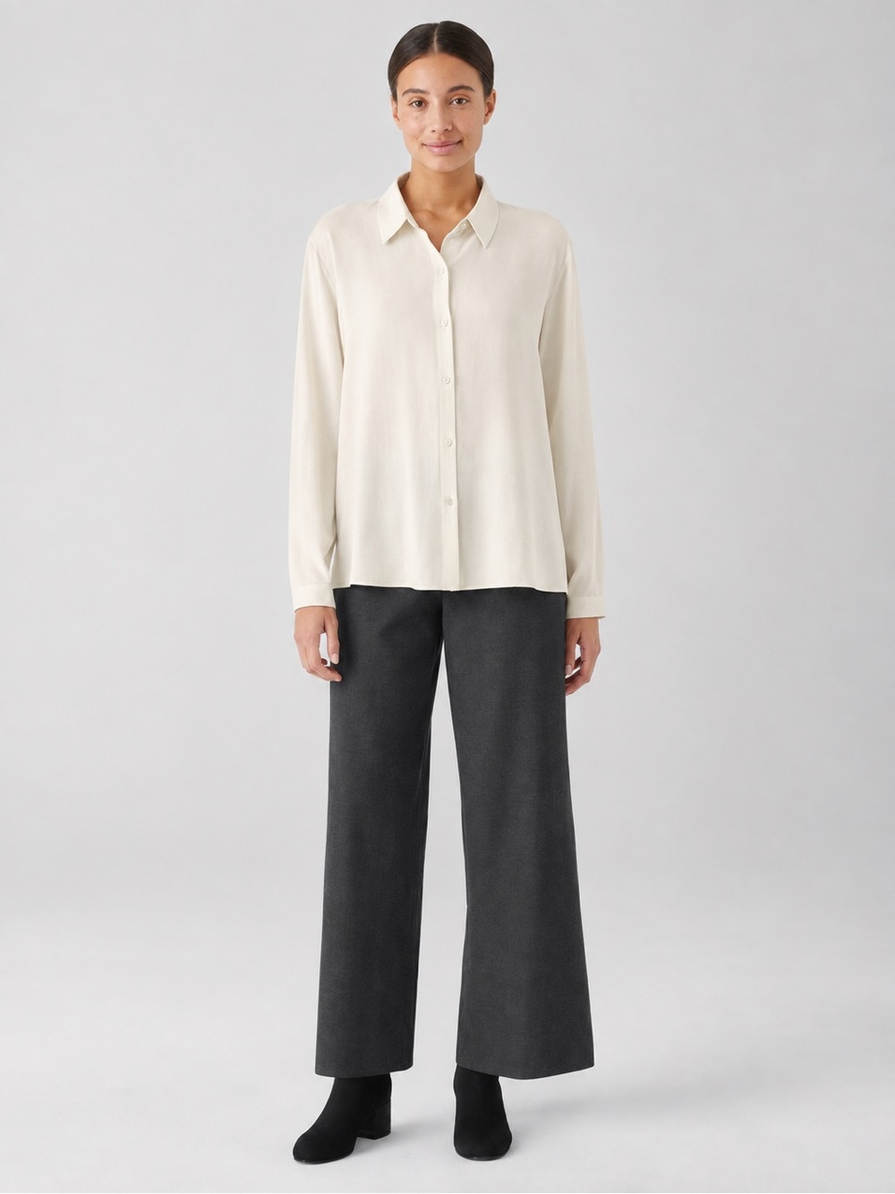 Eileen Fisher L Charcoal Grey Wide Leg Washable Stretch Crepe Pants Eco Cottage